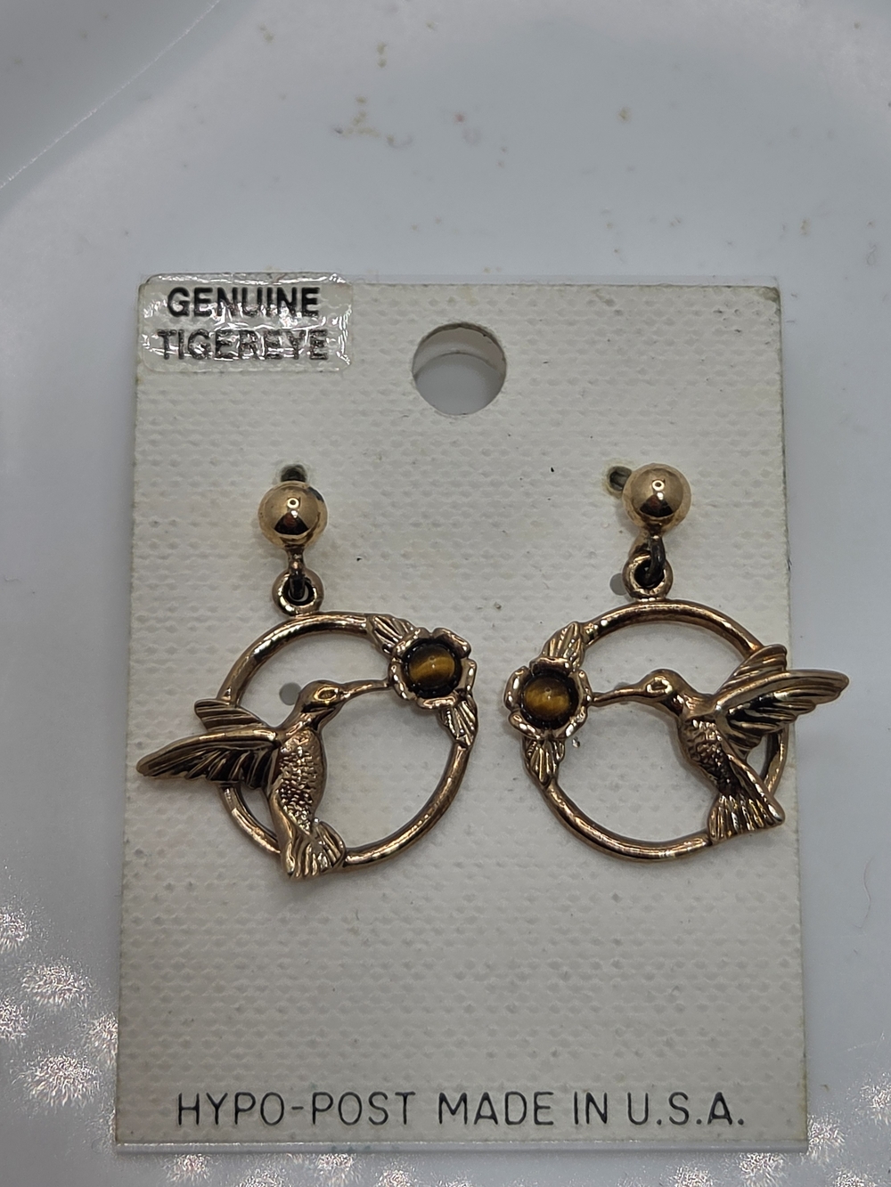 ✨ NWT Vintage Wheeler Genuine Tiger Eye Hummingbird Earrings 🕊 Gold Drop Dangle